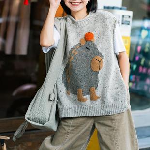 入秋森系穿搭多巴胺灰色卡通针织背心马甲 现货
