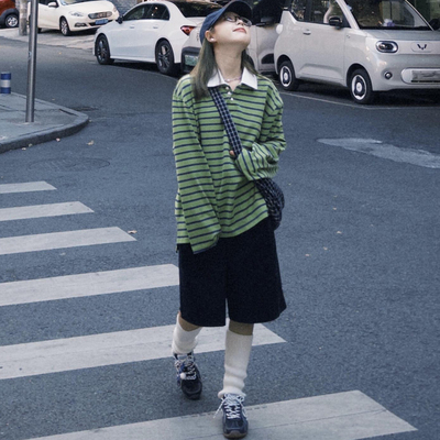 【现货】慵懒复古美式休闲长袖上衣条纹拼色翻领polo长袖套头衫