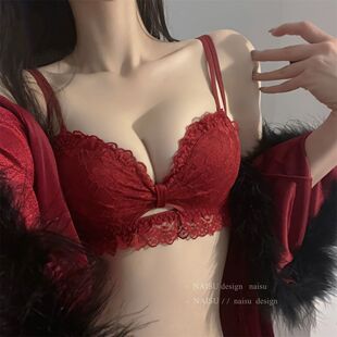 红色本命年内衣女小胸聚拢收副乳文胸无钢圈性感蕾丝女士胸罩套装