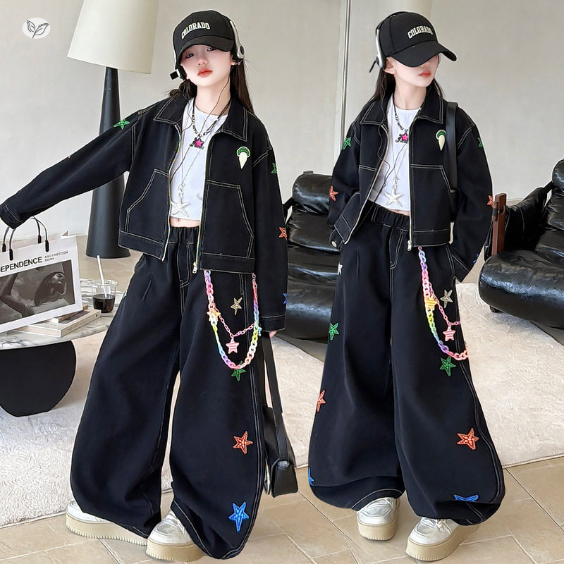 女童2026春季新款星星牛仔套装中大童阔腿裤休闲直筒裤学生牛仔衣