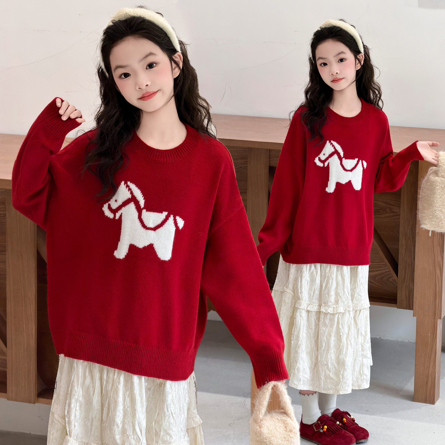 女童红色复古小马提花毛衣秋冬新款套头宽松内搭打底针织衫上衣潮