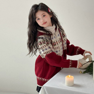 女童秋冬红色连帽毛衣2025新款女大童冬装拉链针织开衫圣诞毛线衣
