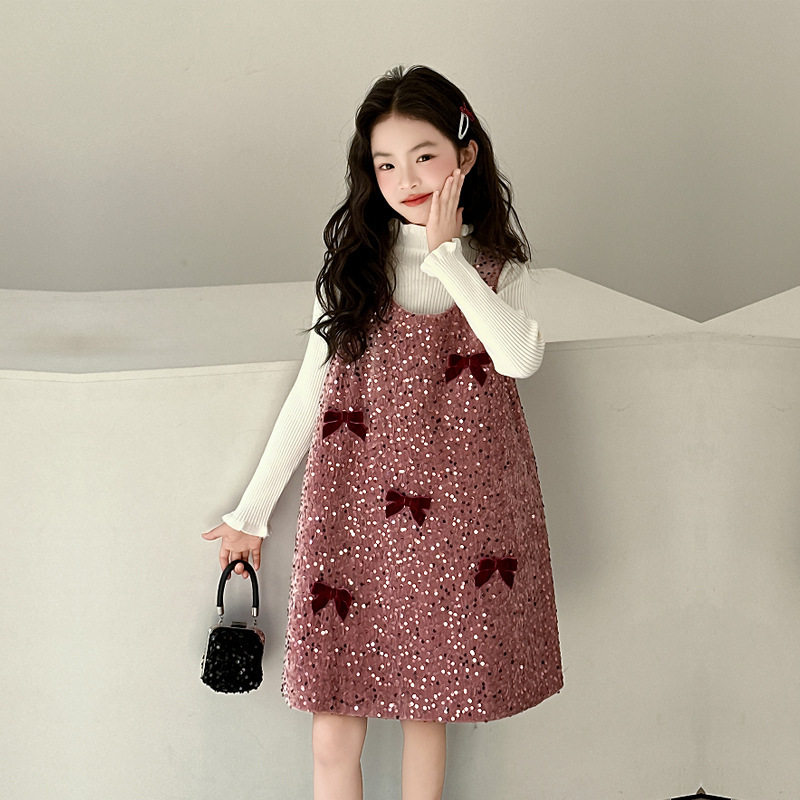 女童秋冬亮片背心裙套装女大童冬季洋气蝴蝶结裙子两件套过年裙潮