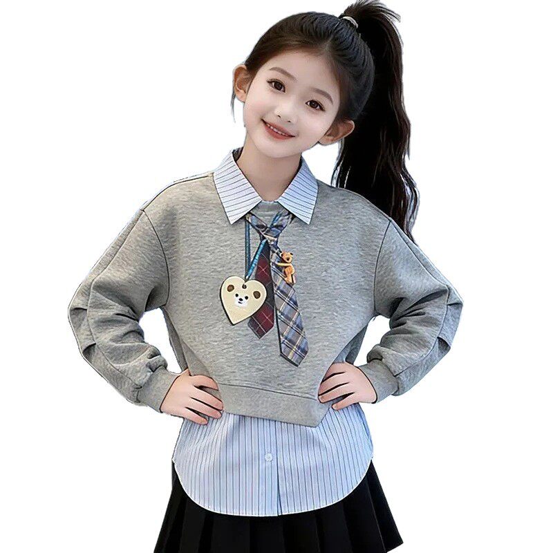 女童学院风卫衣春装新款洋气时尚中大童假两件衬衫领上衣春季学生