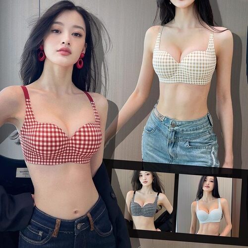 格子半杯无痕性感美背少女内衣小胸聚拢显大上托防下垂无钢圈文胸