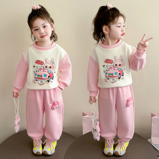女宝宝卡通休闲运动两件套 2026新款 女童烫钻拉布布卫衣套装 春秋款