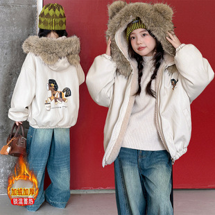 女童秋冬大毛领连帽棉服外套新款冬季韩系儿童加绒加厚皮衣派克服