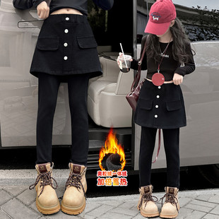 女童加绒裤子女孩秋冬洋气时髦裙裤一体绒打底裤大童铅笔裤靴裤