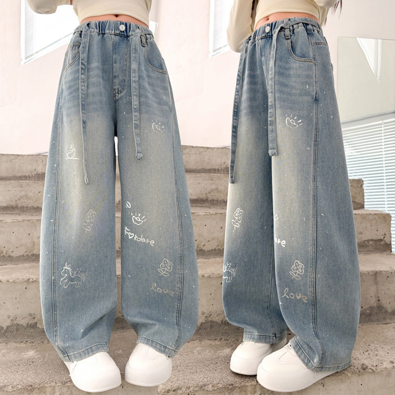 女童牛仔裤跨境裤子2026新款儿童春秋大童烫砖甜美宽松牛仔阔腿裤