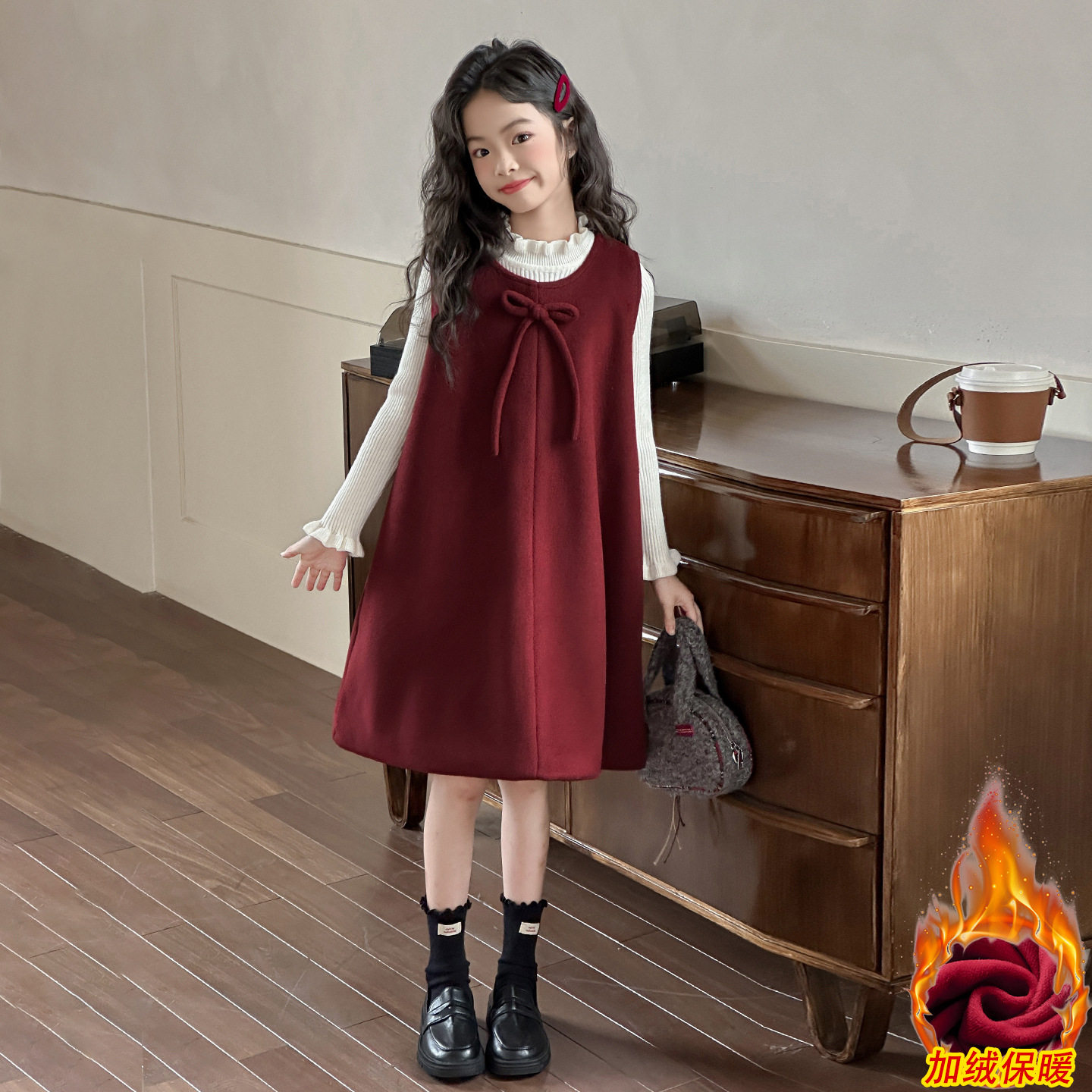女童红色毛呢加绒背心裙秋冬2026新款木耳边领加厚针织衫年服套装,童装/婴儿装/亲子装,儿童运动套装,淘宝优惠券,粉丝福利购,淘宝优惠卷