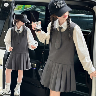 女童2026春季新款学院风衬衫领带背心裙中大童韩系裙休闲百褶裙装