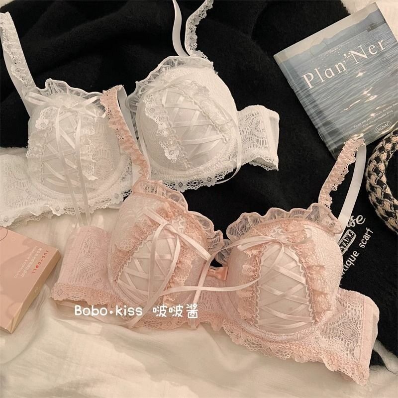 日系甜美纯欲风蕾丝内衣女小胸聚拢防下垂新款少女洛丽塔文胸套装
