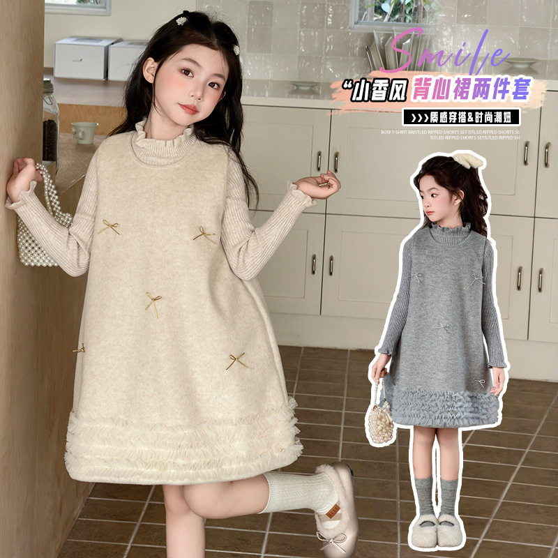 女童小香风连衣裙套装2026冬新款大童蝴蝶结背心裙呢子花边公主裙