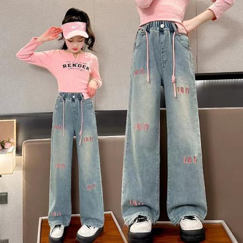 女童春秋新款高腰阔腿牛仔裤
