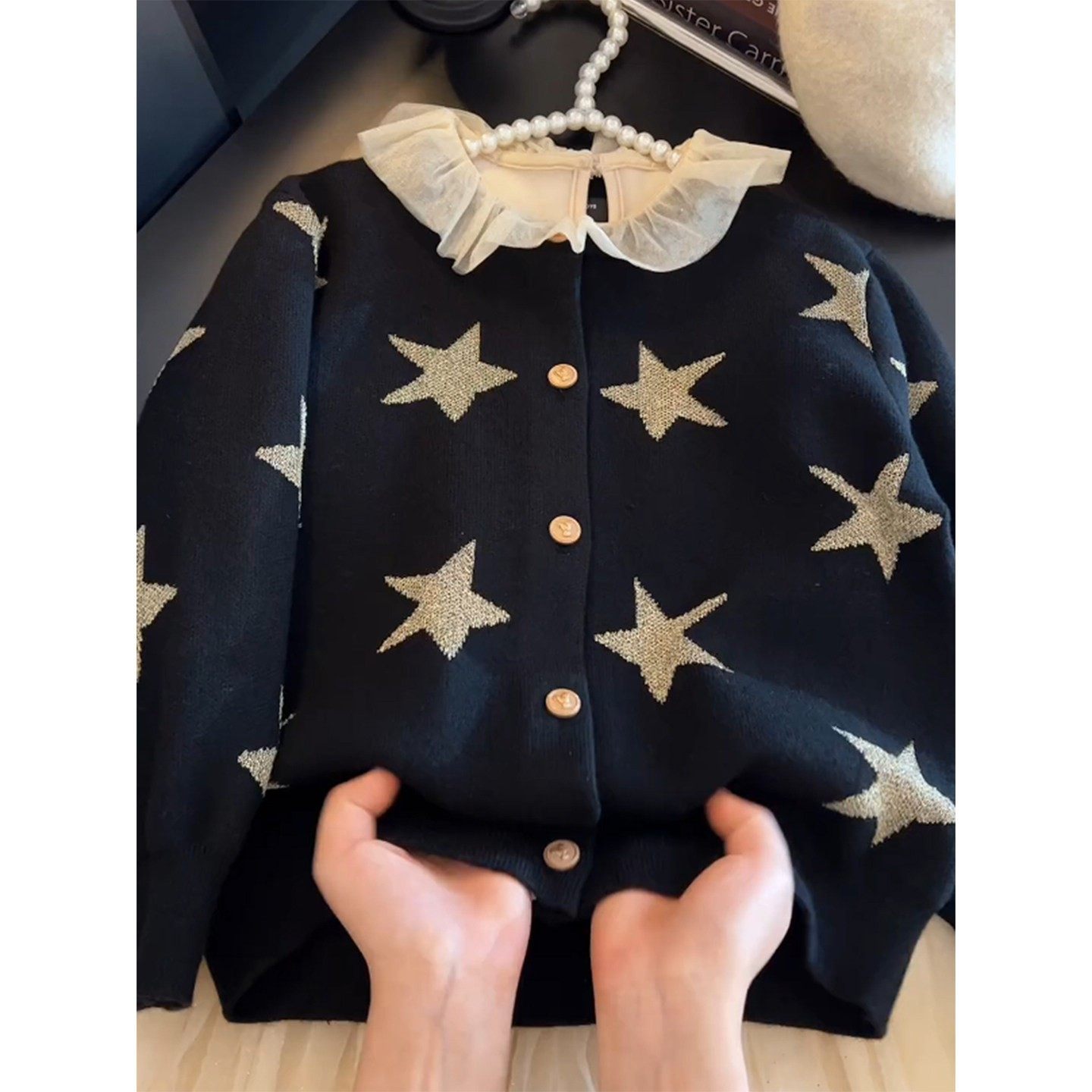 女童毛衣娃娃领打底开衫中大童秋冬新款星星拼接撞色长袖针织衫潮