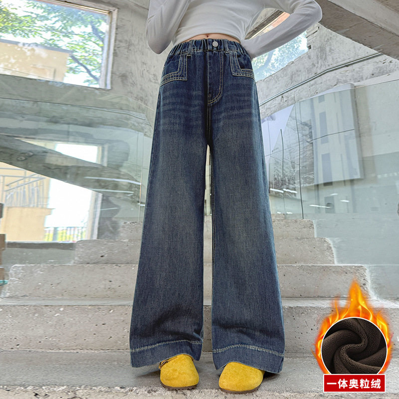 女童秋冬款加绒加厚牛仔阔腿裤2026新款大童休闲宽松直筒长裤子潮