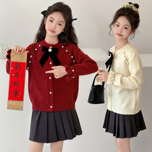 女童过年红色本命年毛衣2025新款女孩冬季加厚外套大童拜年服上衣