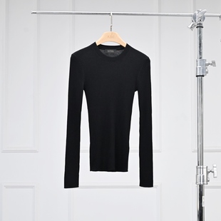 沃伦海龙 | Cindy 亲肤打底衫 美丽诺羊毛细坑条圆领长袖针织衫女