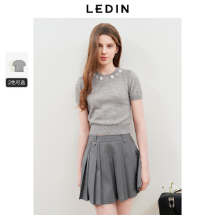 乐町领口珠片绣线套衫2025年夏季新款泡泡袖少女感短袖针织衫上衣