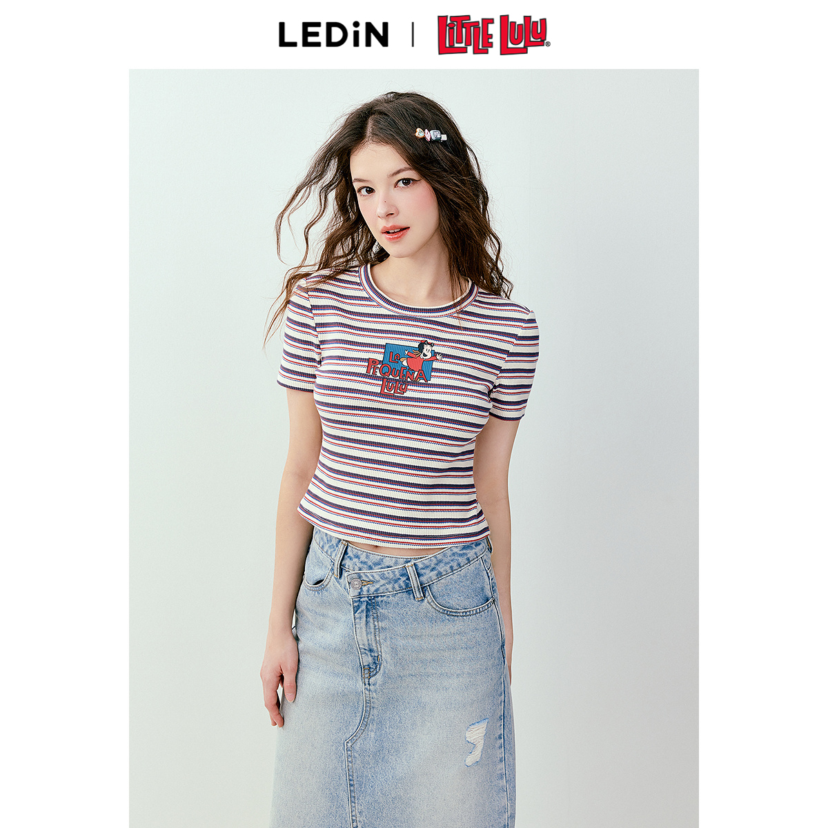 【Little Lulu联名】乐町2024夏季新款条纹小版T恤短袖C2CNE2132