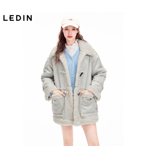 【LOTSYOU联名】乐町2024冬季新款翻领拼接牛角扣外套女C1AEE4409