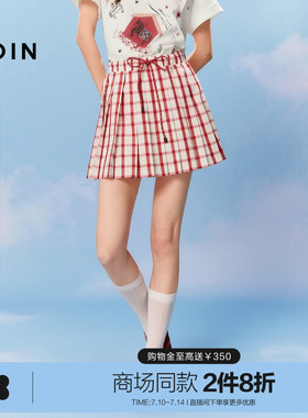 【商场同款】乐町定制红格纹百褶裙夏季新款抽绳半裙C2GEG2720