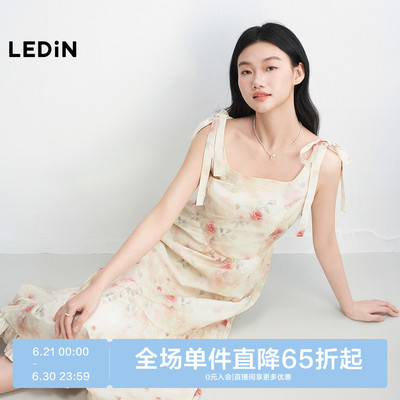 乐町晕染花卉蝴蝶结绑带肩带连衣裙女2025年夏季新款弧形蛋糕裙子