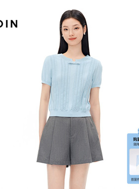 乐町miu系短袖针织衫夏季新款俏皮蝴蝶结装饰蓝色V领上衣正肩T恤