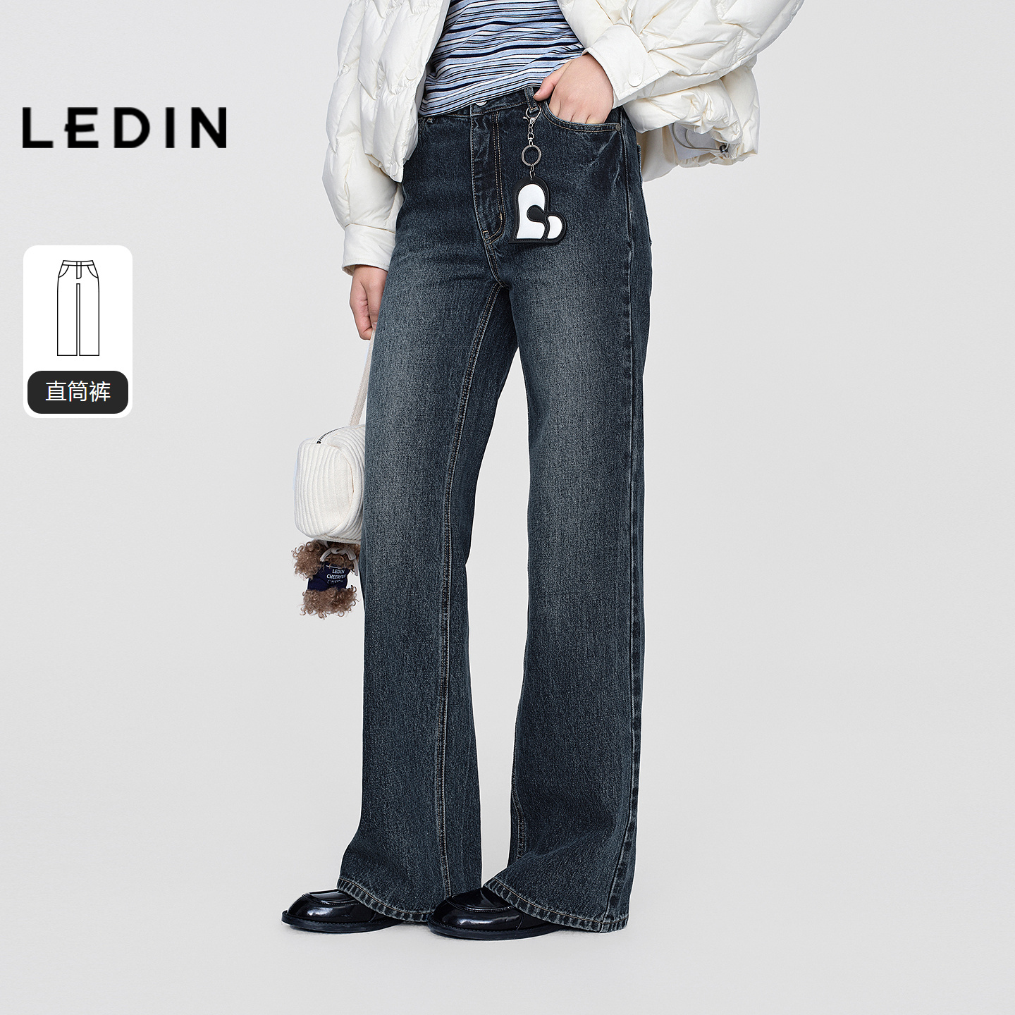 【商场同款】乐町水洗牛仔长裤秋冬新款高腰通勤直筒裤C2HAF4262