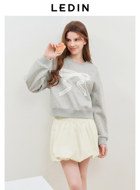 乐町简约宽松短款卫衣女装2025春新款蕾丝蝴蝶结圆领上衣灰色卫衣