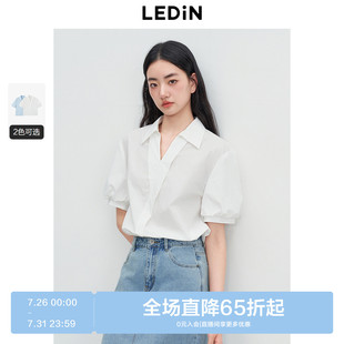 泡泡袖 乐町韩系通勤简约V领短袖 新款 衬衫 设计宽松上衣 女2025夏季