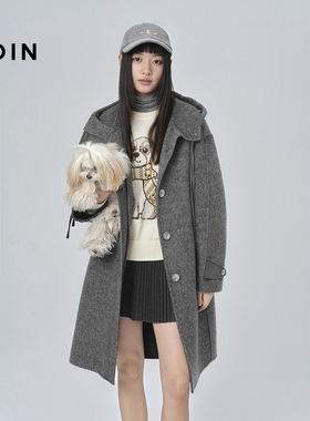 【商场同款】乐町中长款羊毛呢大衣冬款耗牛绒连帽外套C2AAF4334