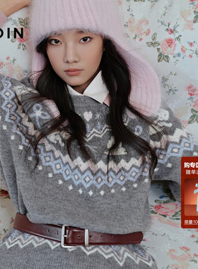 【费尔岛】乐町兔子宽松圆领毛衣女冬季新款撞色纹样提花毛针织衫
