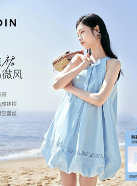 乐町挂脖连衣裙女装2026年夏季新款兜兜裙摆俏皮可爱花边设计裙子