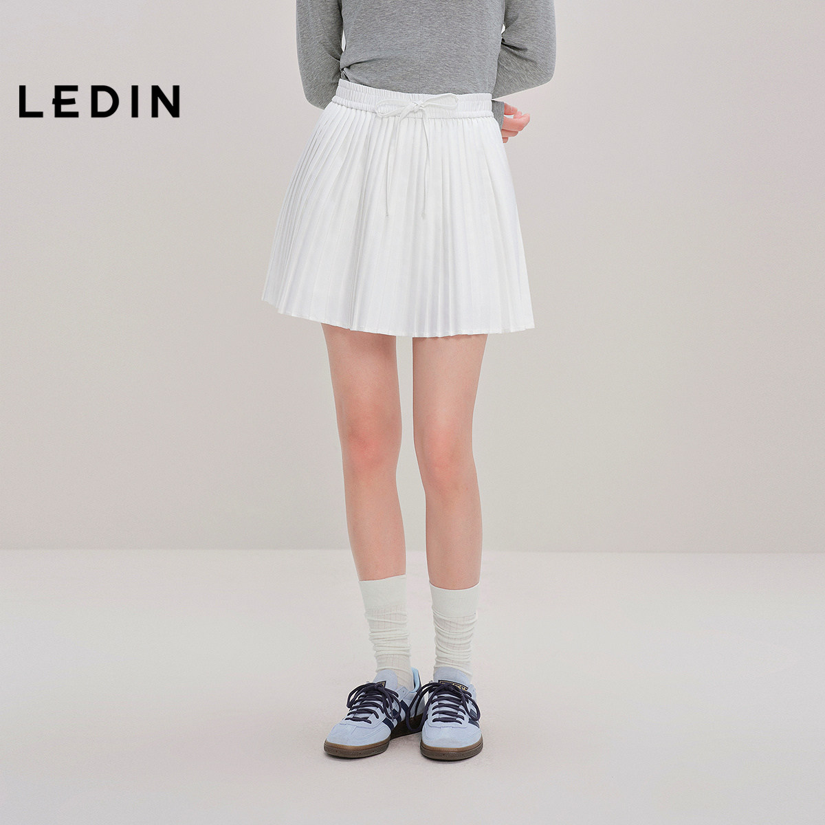 乐町韩系通勤细百褶裙秋季新款松紧腰绑带装饰短裙显瘦遮肉A字裙