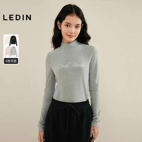 乐町韩系清甜字母印花半高领长袖T恤女秋冬季内搭打底衫上衣