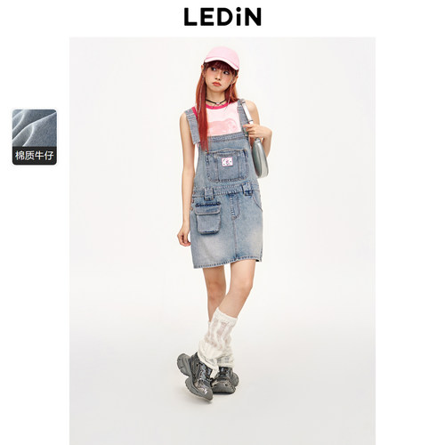 乐町2024夏季新款工装背带直筒牛仔连衣裙C2FAE2345