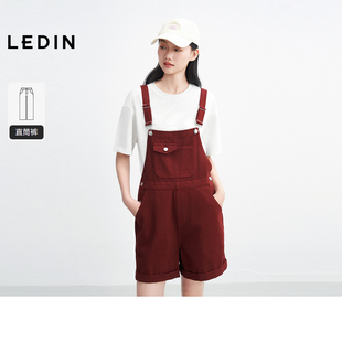 红色显白宽松直筒中短裤 新款 女 25年夏季 乐町肩带可调节牛仔背带裤