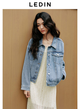 乐町韩系清甜纯棉水洗蓝色牛仔外套2025秋季新款休闲宽松落肩上衣