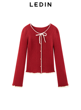 【商场同款】乐町千金风修身针织衫红色木耳边圆领毛衣C1EEF1224*