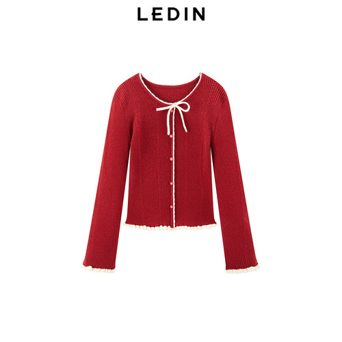 【商场同款】乐町千金风修身针织衫红色木耳边圆领毛衣C1EEF1224*