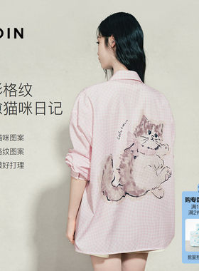 乐町粉色格纹后背猫咪大图印花长袖衬衫女装秋季新款宽松薄款上衣