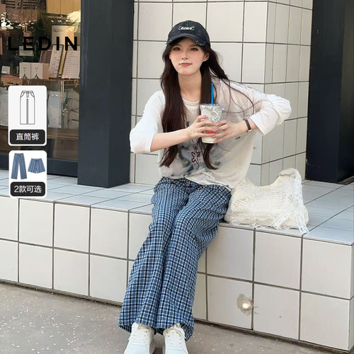 【糖霜格蕾】乐町格子裤秋季新款蕾丝边格纹直筒阔腿松紧腰休闲裤