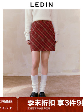 乐町红色格纹半身裙冬季A字裙字母标圣诞氛围感直筒短裙