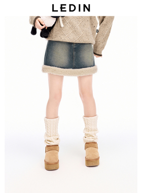 【商场同款】乐町仿羊羔毛拼接牛仔短裙新款复古半身裙C2HEE4226