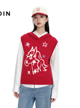 【商场同款】乐町连帽针织背心马年红色星星提花线背心C2EFG1228