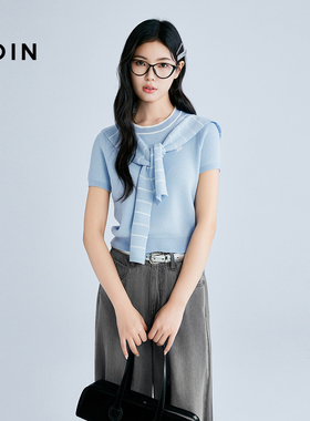 【商场同款】乐町圆领披肩针织短袖夏季新款蓝色上衣T恤C2EEF2313