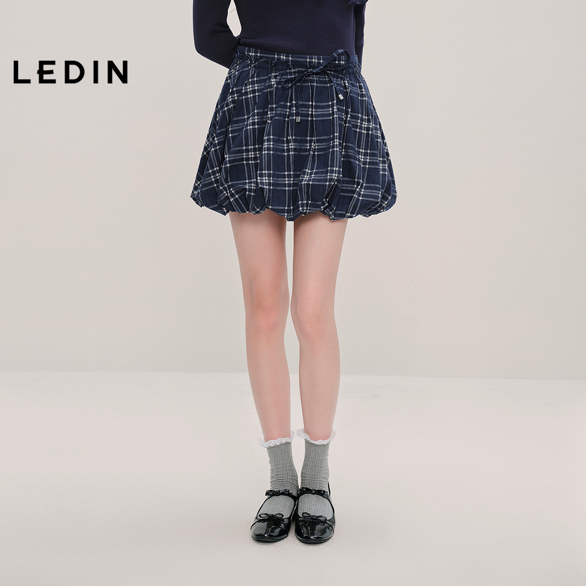 【商场同款】乐町抽绳装饰半身裙秋款设计感格纹花苞裙C1GEF3408