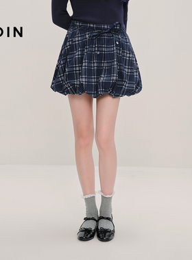 【商场同款】乐町抽绳装饰半身裙秋款设计感格纹花苞裙C1GEF3408