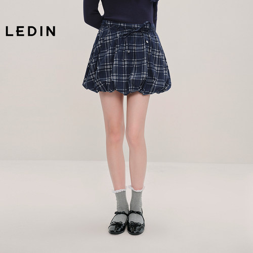 【商场同款】乐町抽绳装饰半身裙秋款设计感格纹花苞裙C1GEF3408